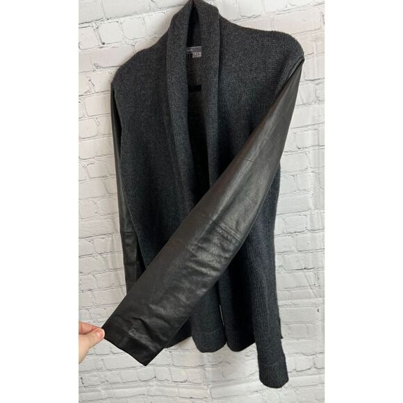 VINCE dark gray wool yak knit lamb leather sleeve open front cardigan sweater S - Picture 4 of 12